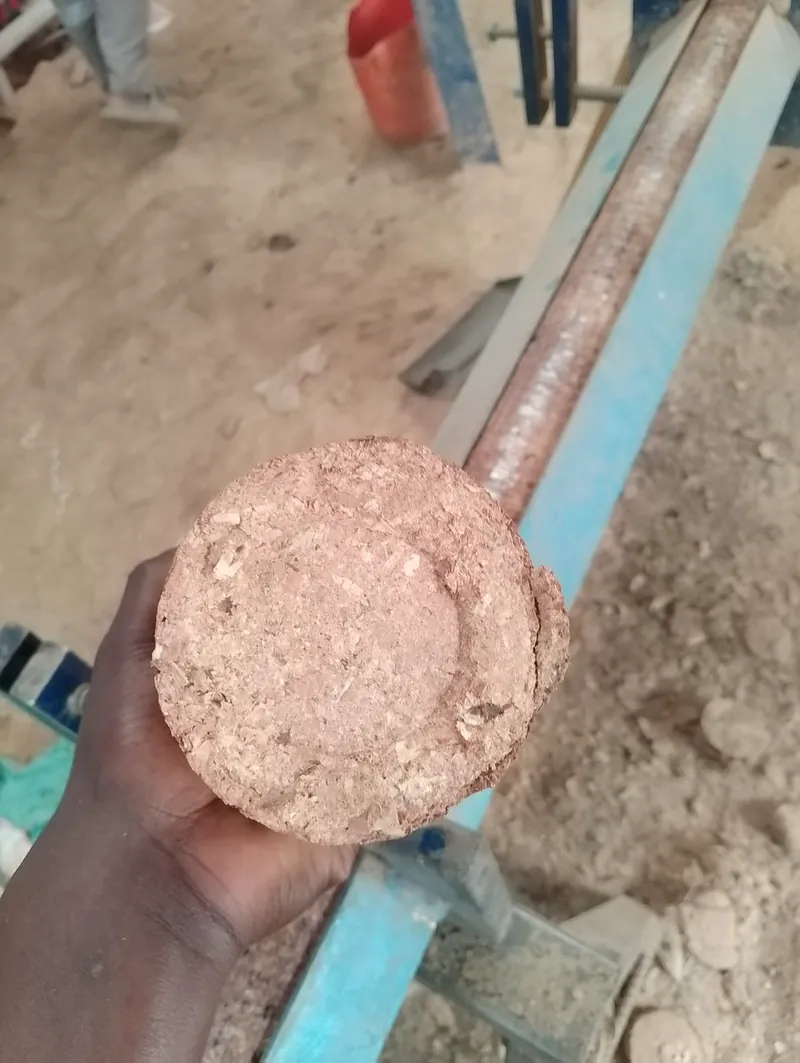 Freshly pressed briquette held in hand