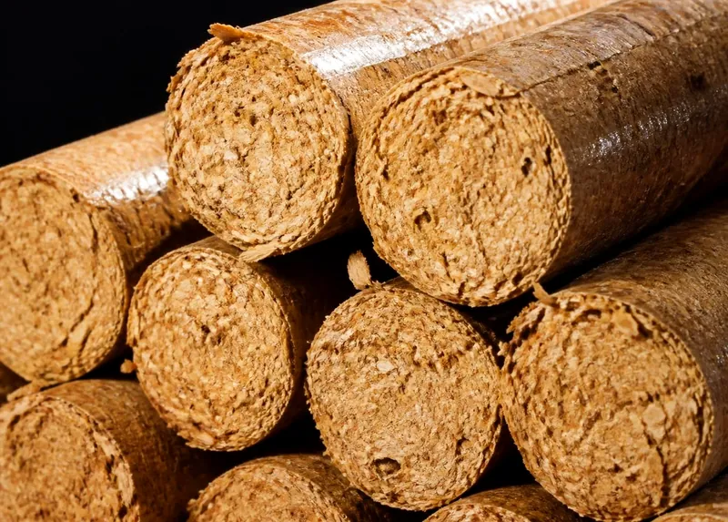 Stack of finished biomass briquettes