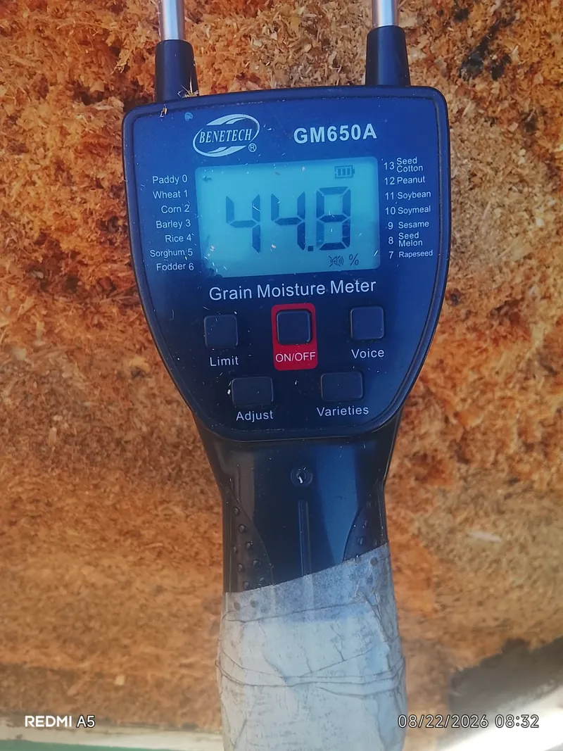 Moisture meter reading taken on incoming biomass